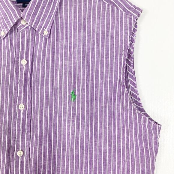 nwot RALPH LAUREN Shirt Dress Tunic M Linen Purple Stripe Logo RawEdge Button-Up - Picture 4 of 9